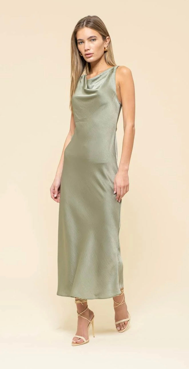 Satin Cowl Neck Midi Dress