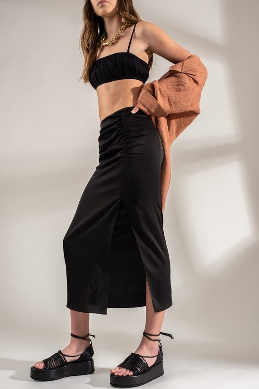 Ruched Side Slit Midi Skirt