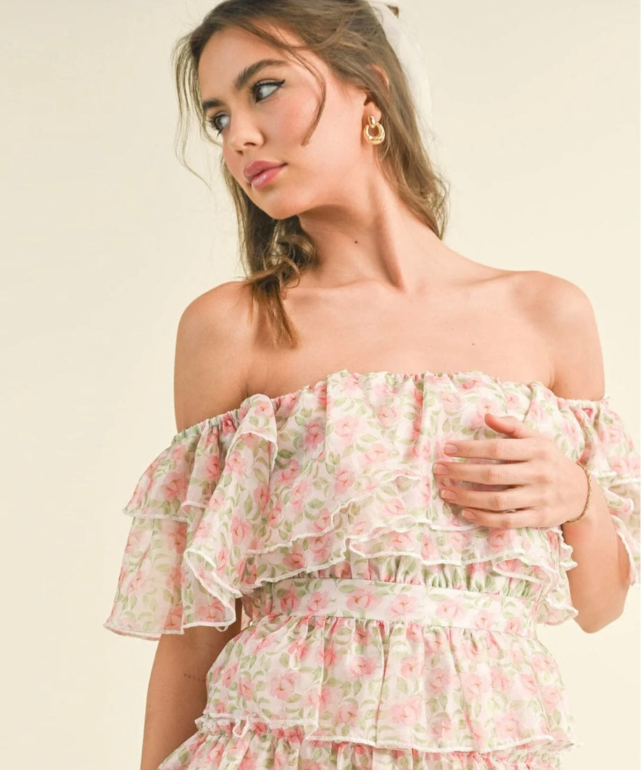 Tiered Off Shoulder Floral Dress