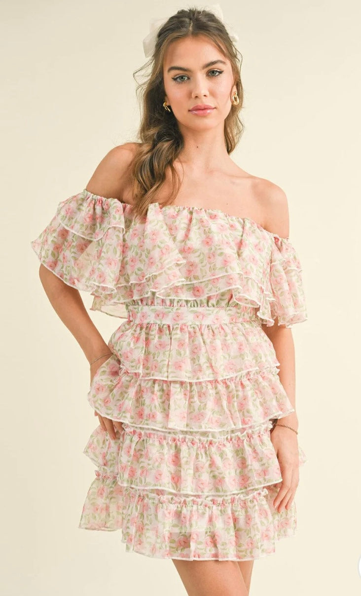 Tiered Off Shoulder Floral Dress